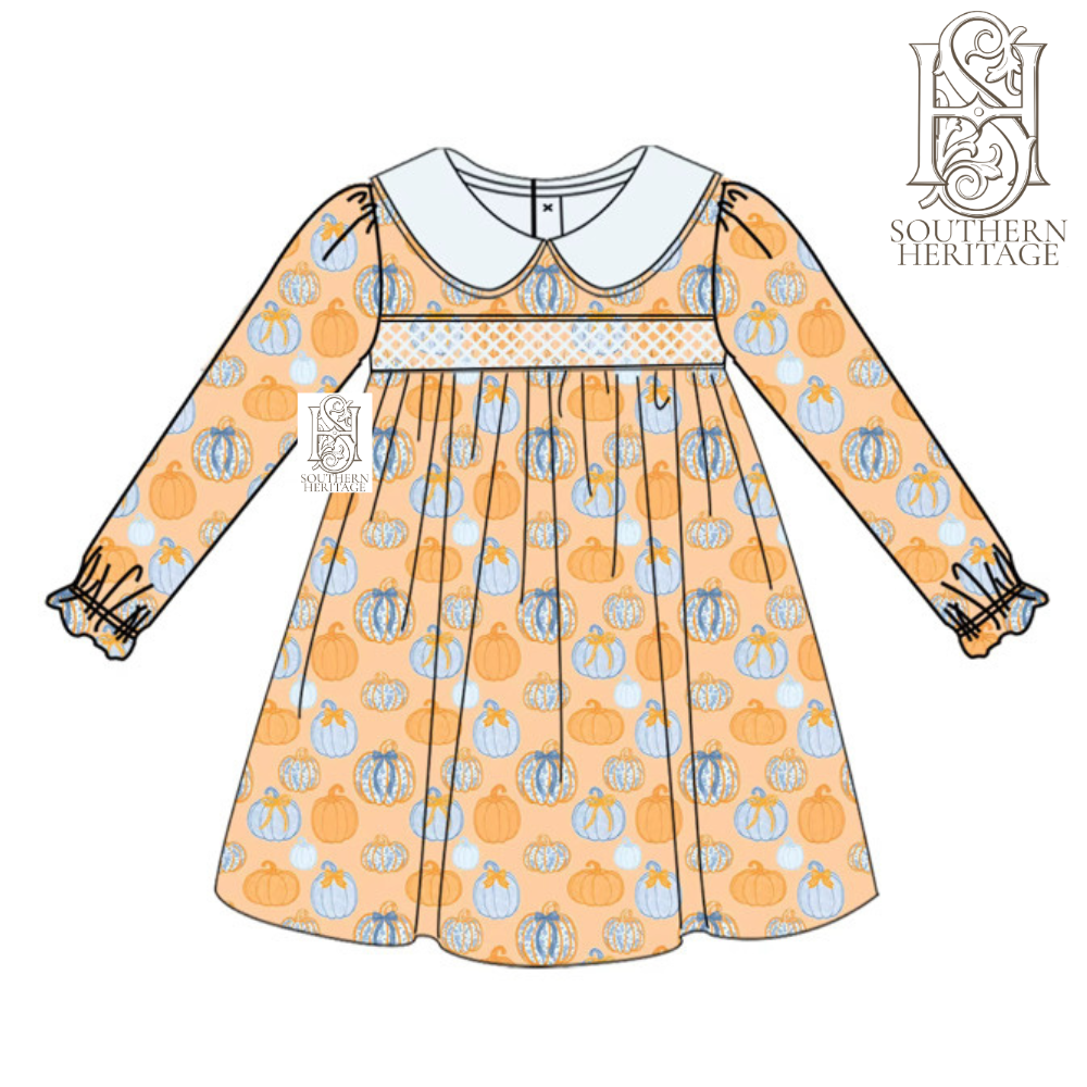 Pumpkin Chinoiserie Lydia Long Sleeve Girls Dress with Smock Detail