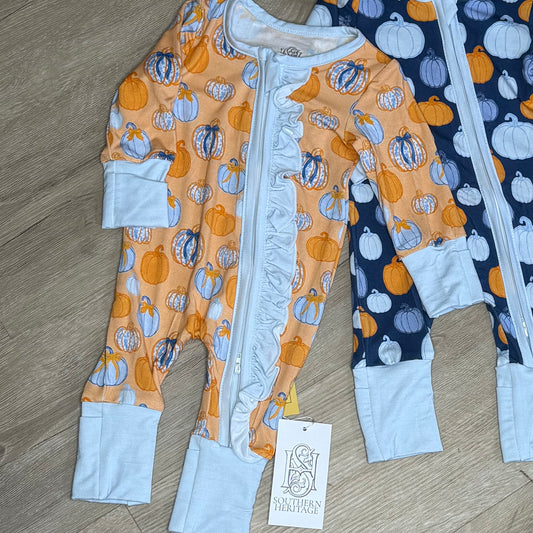 Girls Bamboo Pumpkin Chinoiserie Ruffle Double Zipper Sleeper