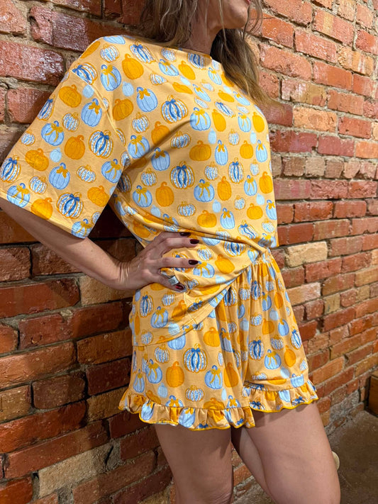 Women's Bamboo Ruffle Short Pumpkin Chinoiserie Set