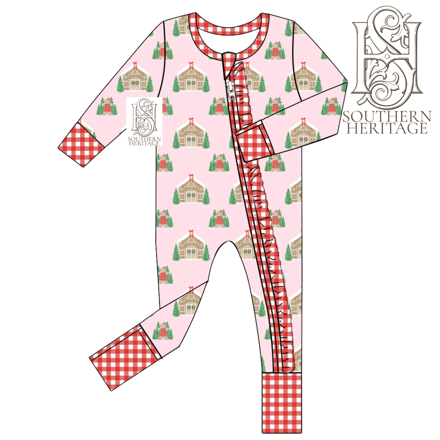 PREORDER Gingerbread Cottage Girls Bamboo Ruffle Double Zipper Sleeper