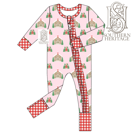 PREORDER Gingerbread Cottage Girls Bamboo Ruffle Double Zipper Sleeper