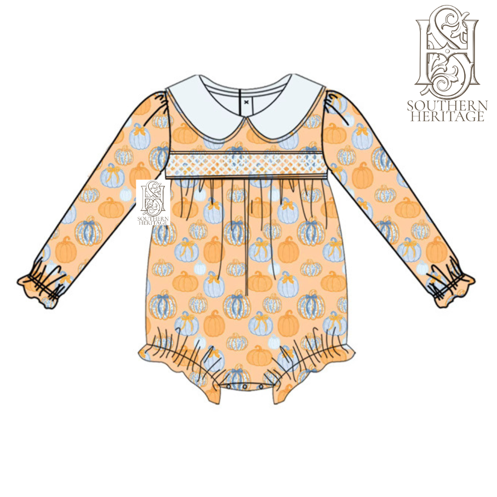 Pumpkin Chinoiserie Everleigh Collared Long Sleeve Girl Bubble with Smock Detail