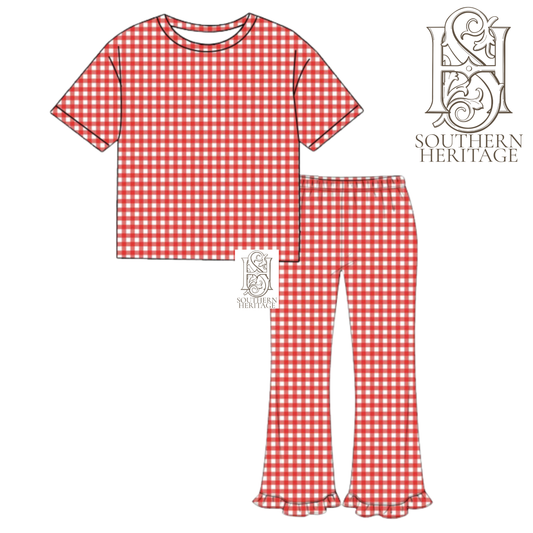 PREORDER Red Gingham Women's Bamboo Ruffle Pant Set