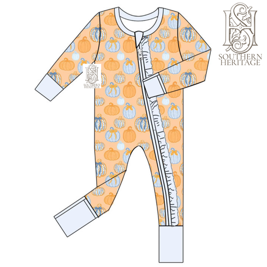 Girls Bamboo Pumpkin Chinoiserie Ruffle Double Zipper Sleeper