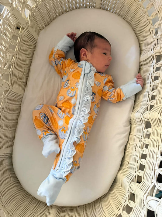 Girls Bamboo Pumpkin Chinoiserie Ruffle Double Zipper Sleeper